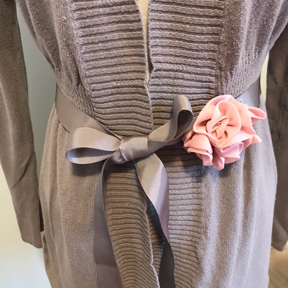 Elle Open Front Cardigan with Ribbon Tie and Rose - Picture 2 of 4